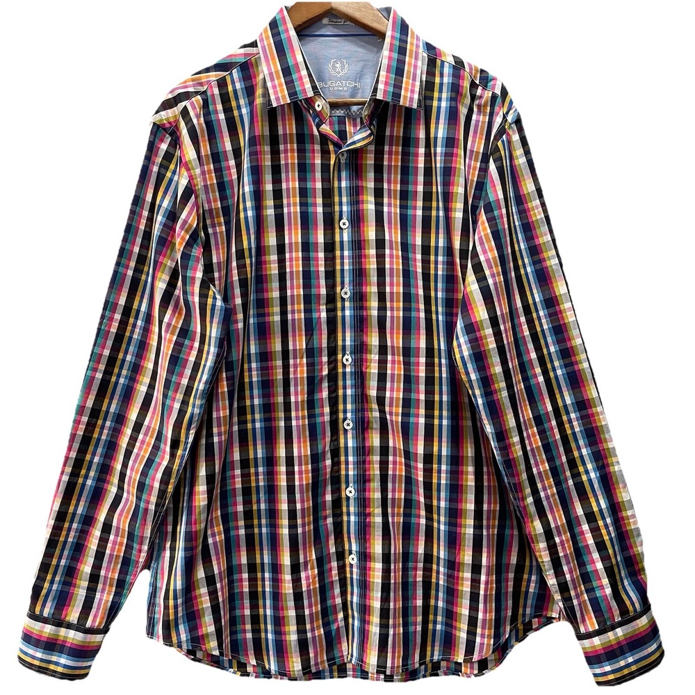 Bugatchi‎ Shaped Fit Mens Button Down XL Multicolor Plaid Cotton Preppy